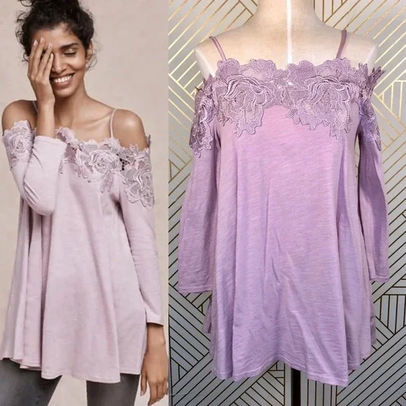 Anthropologie Meadow Laceline Top Tee Blouse Off-The-Shoulder Pink Size XSP - Picture 1 of 8
